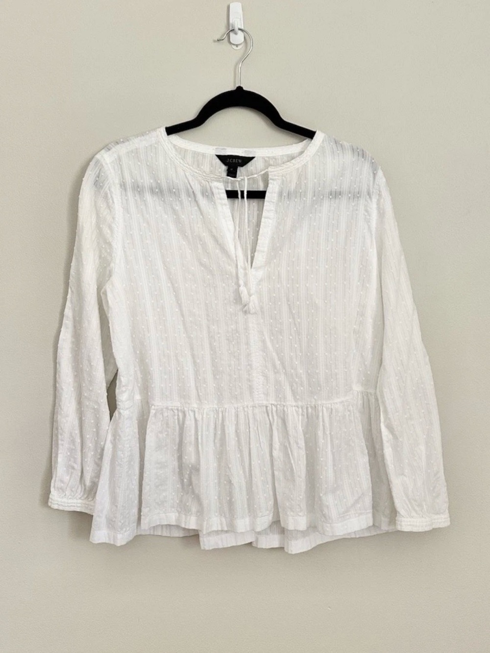 J.Crew White Peplum Blouse Swiss Dot Boho Top Long Sleeve Tie Neck Size 12 Airy